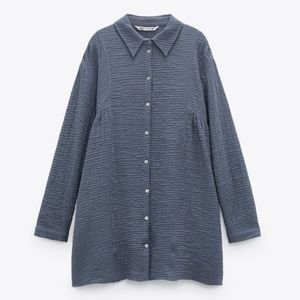Zara Button Front Babydoll Gauzy Shirt Dress Long Sleeve Collar Blue Small S